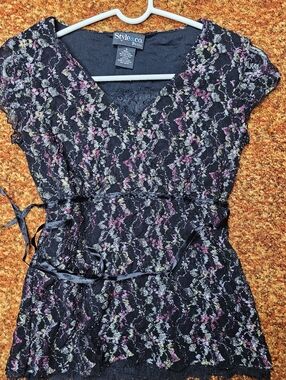 Style & Co. Y2k Black Lace Top with Metallic Pink and Silver Accents